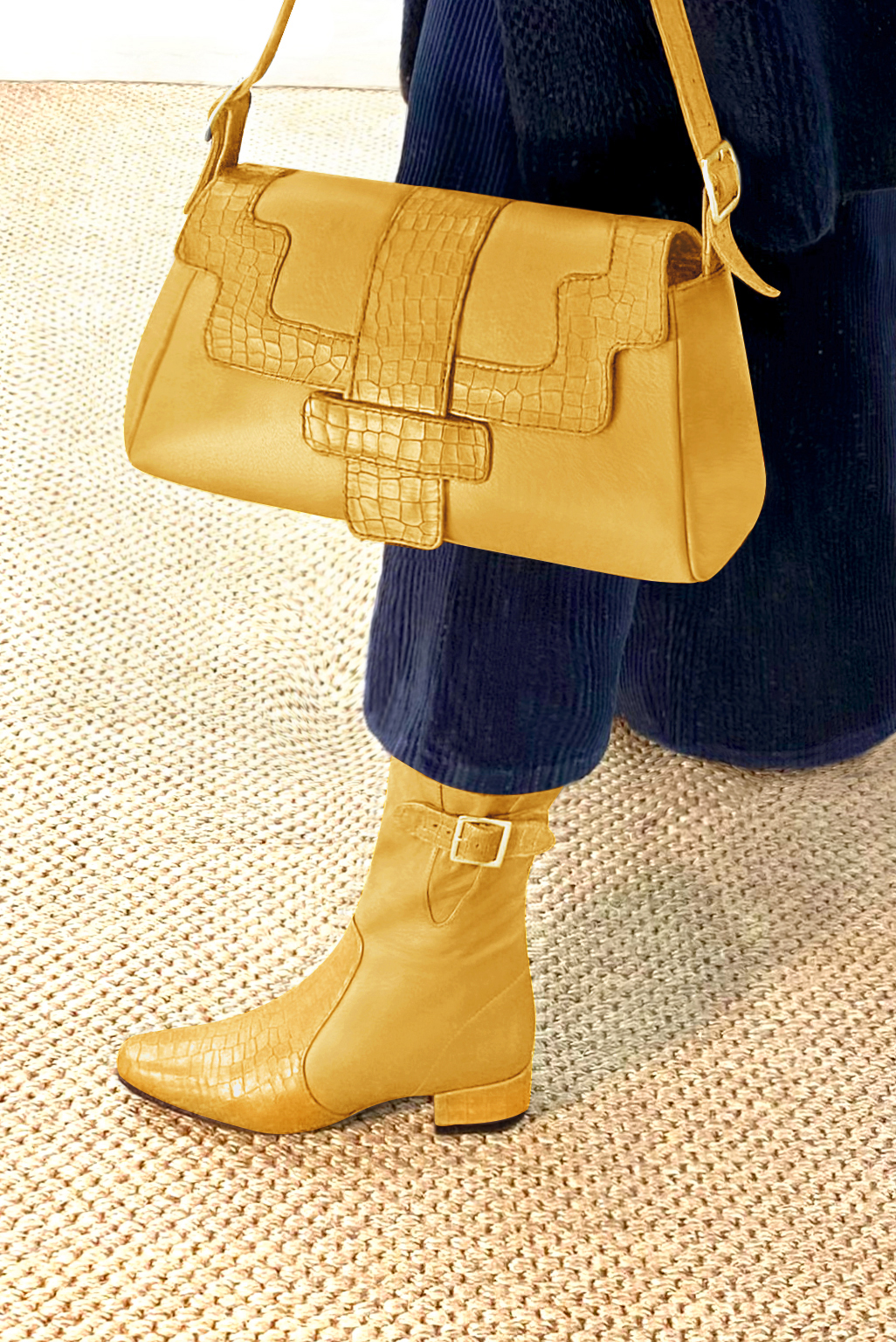 Mustard yellow women's ankle boots with buckles on the sides. Round toe. Low block heels. Top view - Florence KOOIJMAN
